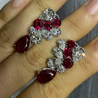 Solid 14K White Gold & Platinum Lab-Grown Ruby and Lab-Grown Diamond Jewelry Set – Necklace (Total 100ctw), Earrings (Total 16.5ctw)