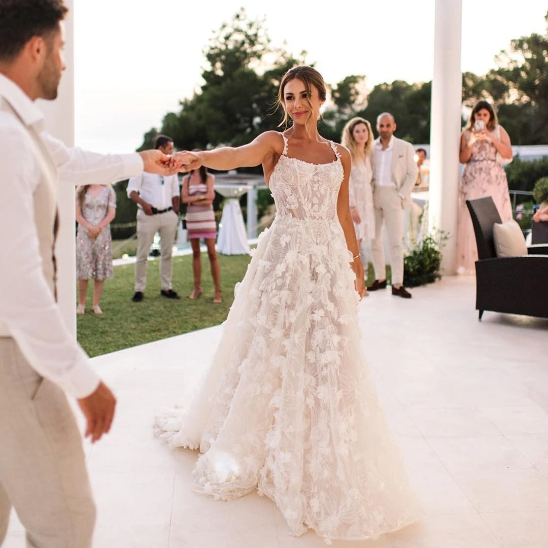 Spaghetti Strap 3D Floral Lace Wedding Dress – New Style Bridal Gown - HER SHOP