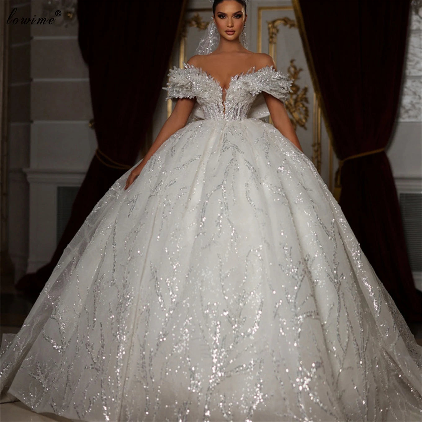 Sparkly Sequined A-Line Wedding Dress | Princess Chapel Train Bridal Gown – Vestido De Casamento - HER SHOP