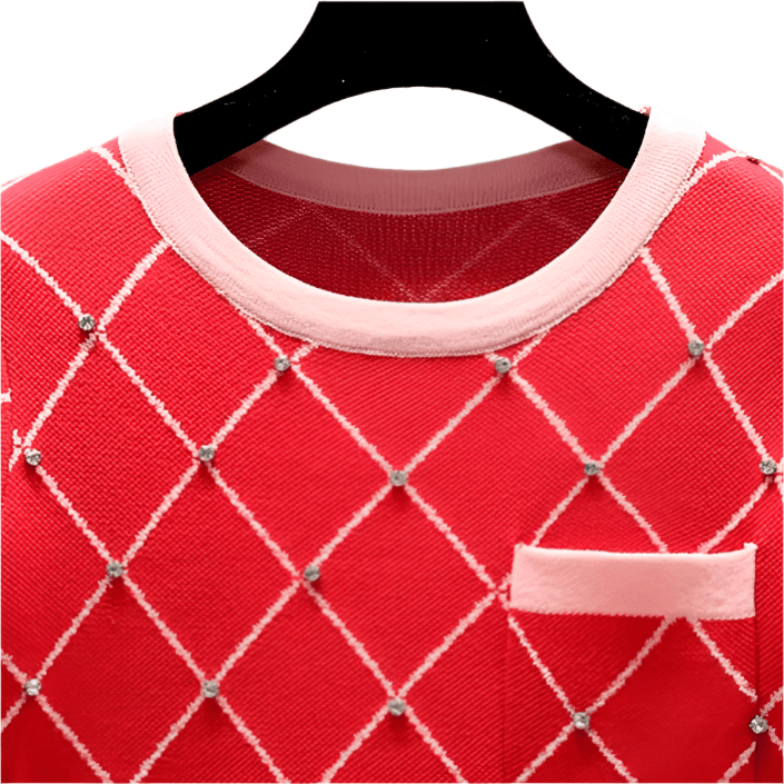 Spring New Design: Red Color Block Hem Argyle Knitted Bodycon Mini Dress – French Vintage Style, Free Shipping, Paris Brand, Perfect for Christmas and Holiday Parties