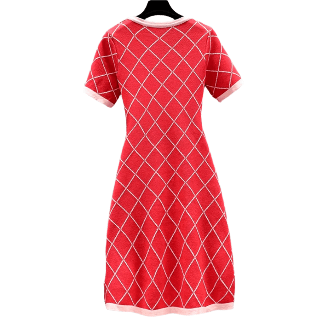 Spring New Design: Red Color Block Hem Argyle Knitted Bodycon Mini Dress – French Vintage Style, Free Shipping, Paris Brand, Perfect for Christmas and Holiday Parties