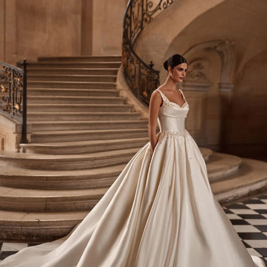 Sweetheart Off-Shoulder Ball Gown Wedding Dress – Pearl Detail, Court Train, Princess Silhouette - HER SHOP