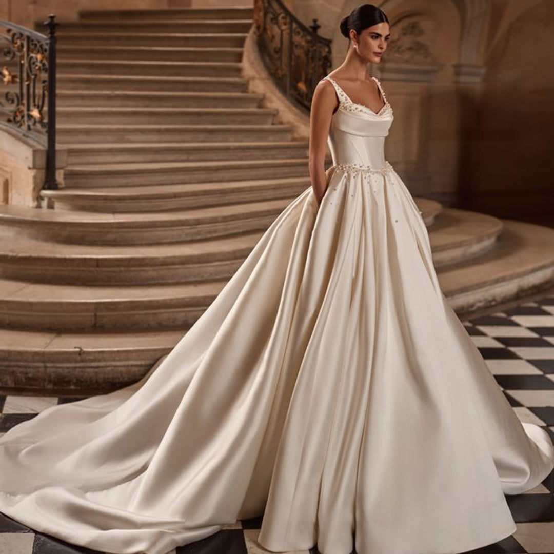 Sweetheart Off-Shoulder Ball Gown Wedding Dress – Pearl Detail, Court Train, Princess Silhouette - HER SHOP