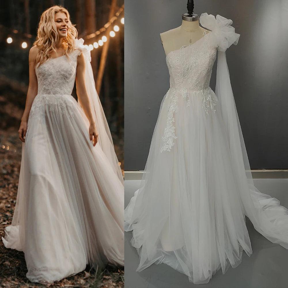 Custom One-Shoulder Ruched Tulle Beach Boho Wedding Dress with Beading & Floral Appliqué