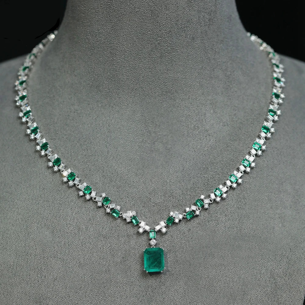 Vintage 100% 925 Sterling Silver 15×17MM Emerald & High Carbon Diamond Gemstone Pendant Necklace – Fine Jewelry Gift for Women - HER SHOP