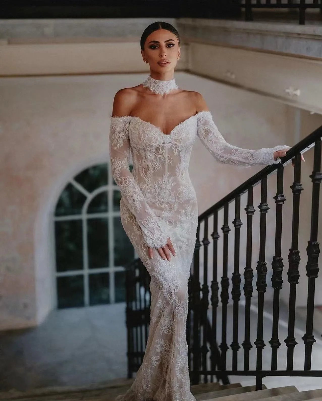 Vintage Lace Wedding Dresses Pearls Strapless Off Shoulder Mermaid Bridal Gown Applique Long Sleeve Bride Dress Customized Black / Custom Size