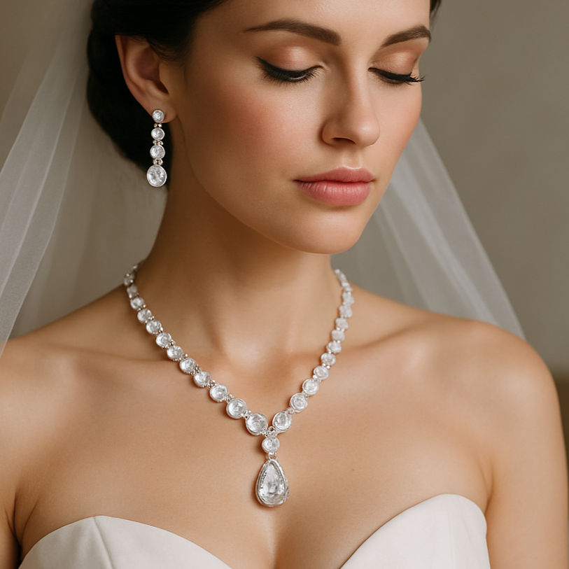 Water Drop Zircon Bridal Jewelry Set – Pendant Necklace & Earrings for Wedding Dress or Any Special Occasion - HER SHOP