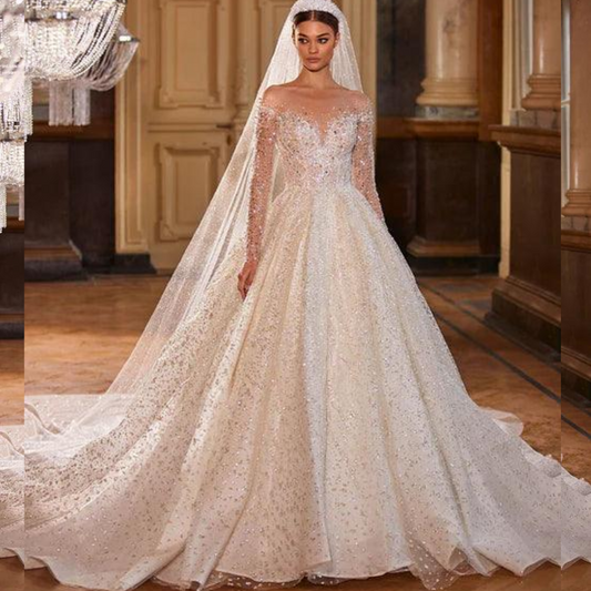Custom Made Royal French Princess Wedding Dress – Luxury Long Sleeves with Sparkling Beads - HER SHOP