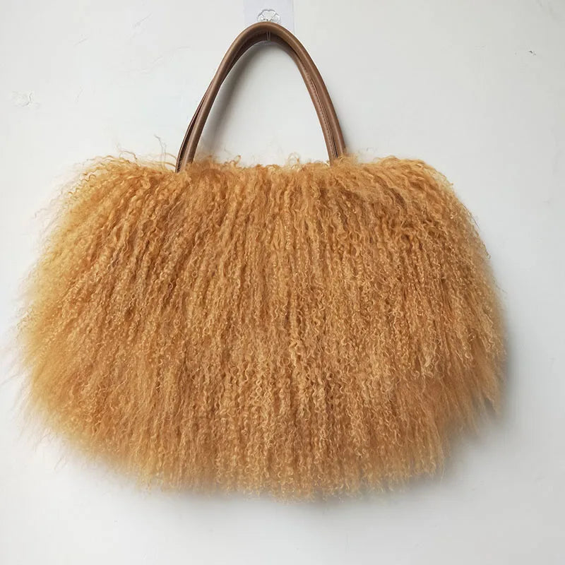 Winter Genuine Mongolian Lamb Fur Shoulder Bag – Casual Tote for Women