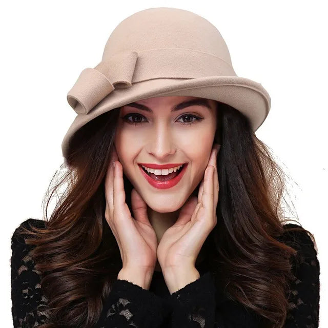Women's Winter Fashion Hat - Formal Headwear with Asymmetric Bowknot - 100% Wool Felt