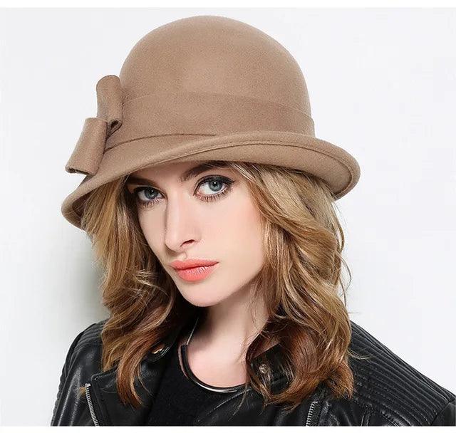 Women's Winter Fashion Hat - Formal Headwear with Asymmetric Bowknot - 100% Wool Felt