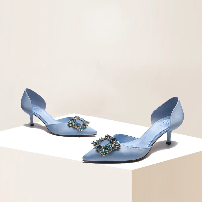 Women Spring Autumn Sweet Style Satin 5cm Medium High Heels Pointed Toe Slip-on Daily Wear Shoes - HER SHOP