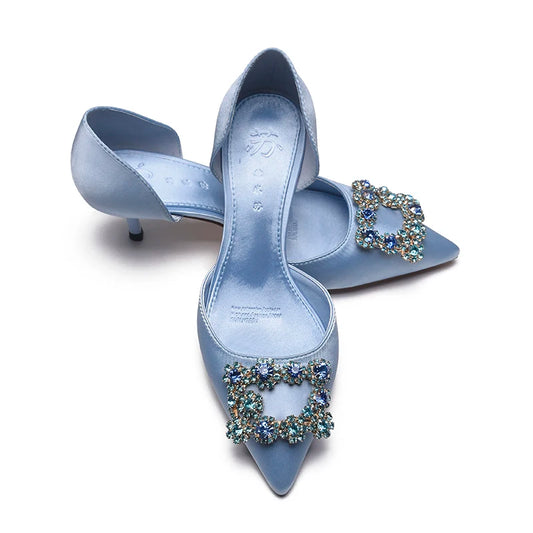 Women Spring Autumn Sweet Style Satin 5cm Medium High Heels Pointed Toe Slip-on Daily Wear Shoes - HER SHOP®