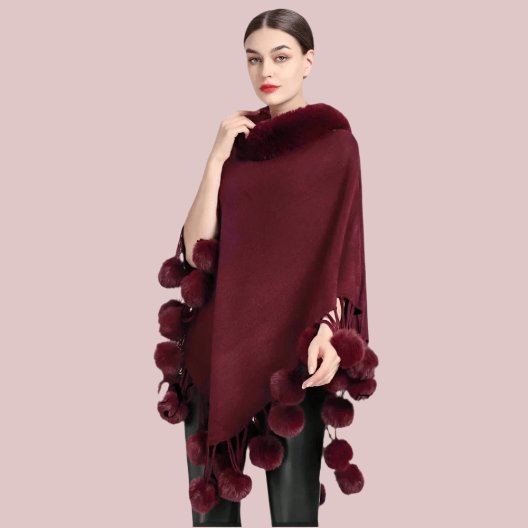 Women's Asymmetric Poncho Scarf with Fur Ball Decoration - HER SHOP - HER SHOP
