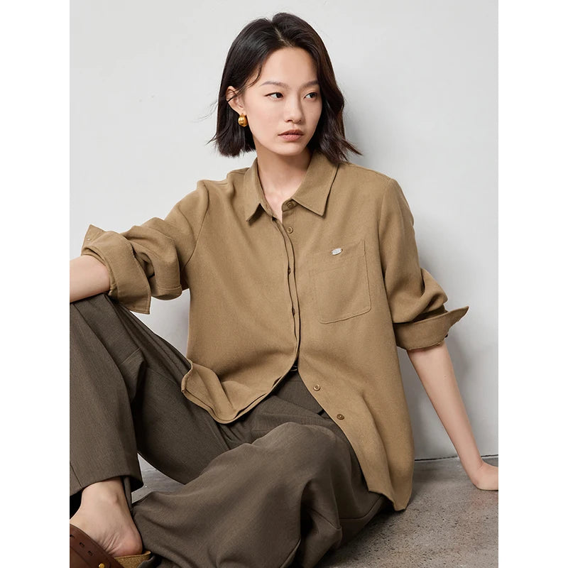 Women's Beige Workwear Blouse – Brushed Long Sleeve Solid Color Shirt with Turn-Down Collar for Autumn