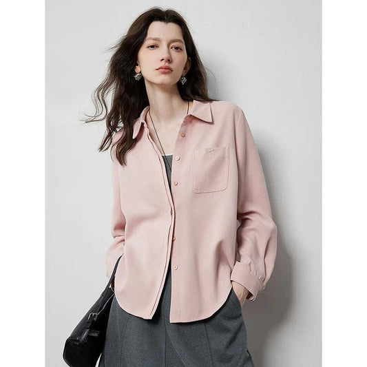 Women's Beige Workwear Blouse – Brushed Long Sleeve Solid Shirt with Turn-Down Collar for Autumn - HER SHOP