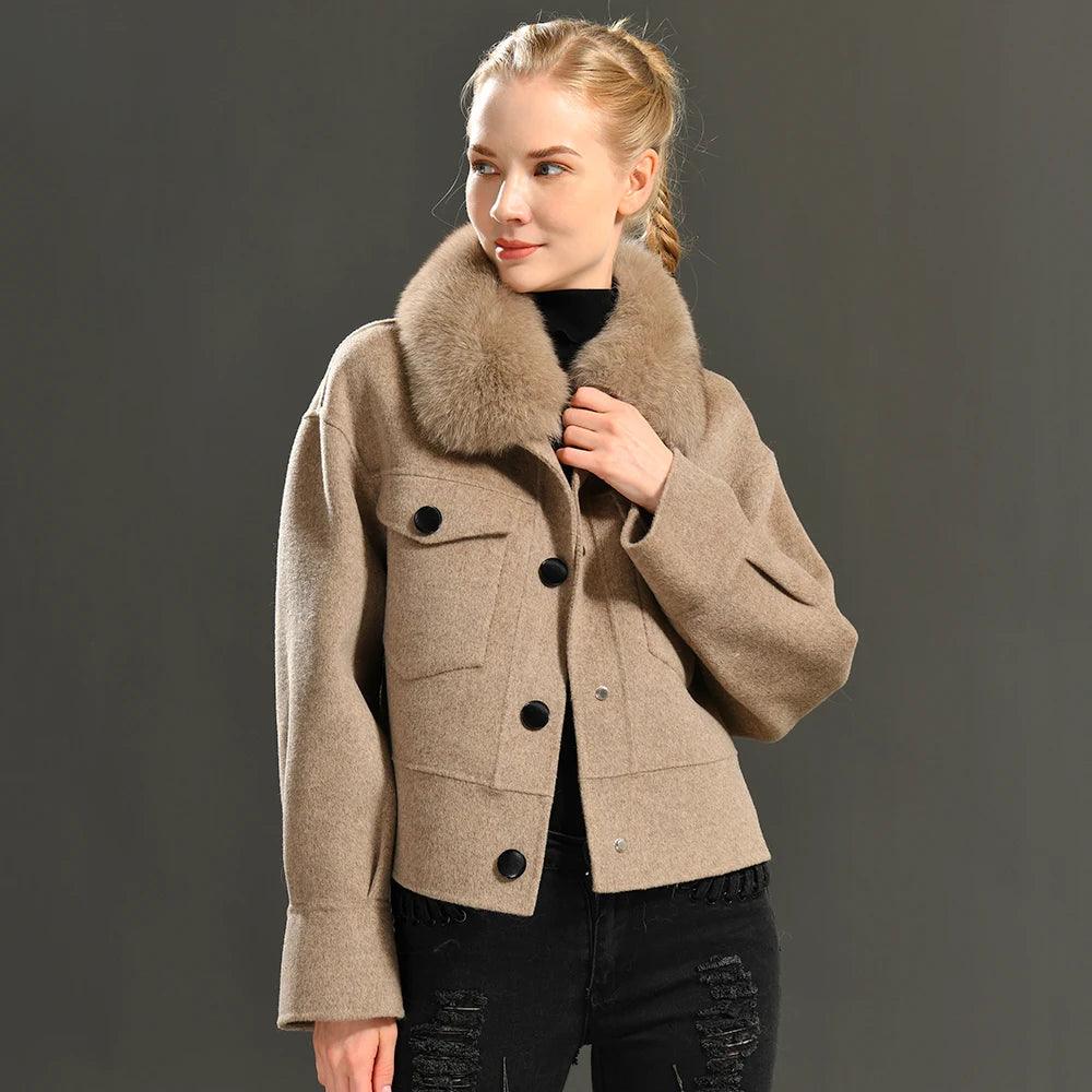 Women's Cashmere Wool Coat with Real Fur Collar – Winter Cropped Jacket, Full Sleeves, Pocketed Streetwear Outerwear — HER SHOP