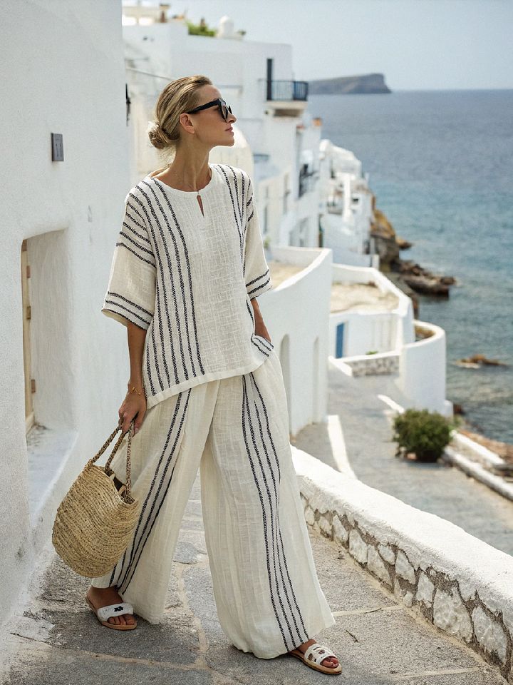 Women’s Cotton Linen Striped Two-Piece Set – Short Sleeve Pullover Top & High Waist Wide Leg Pants, Spring/Summer Outfit - HER SHOP