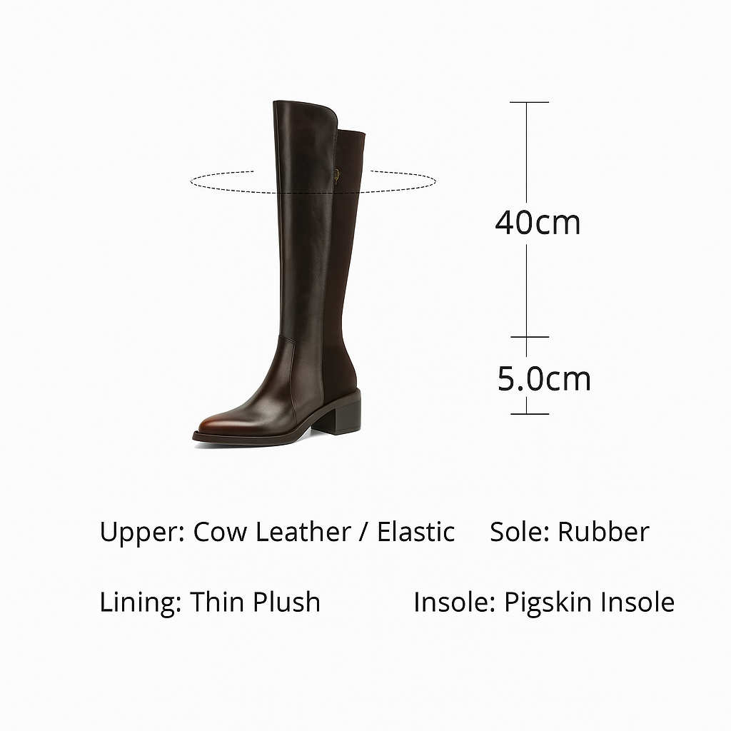 Women’s Genuine Leather & Flock Patchwork Knee-High Knight Boots – Side Zip, 5cm Thick Medium Heel, Casual Autumn Winter Long Boots