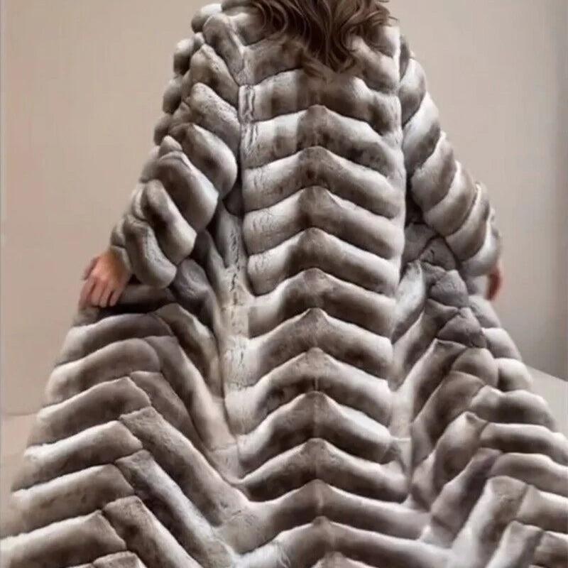 Women's Long Rex Rabbit Fur Overcoat with Chinchilla-Look