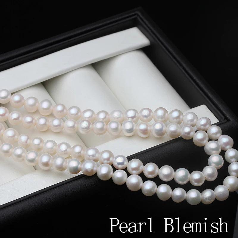 Women’s Necklace - White Natural Freshwater Round Pearl Necklace for Weddings, Brides, or as a Gift (Sweater Chain Style)