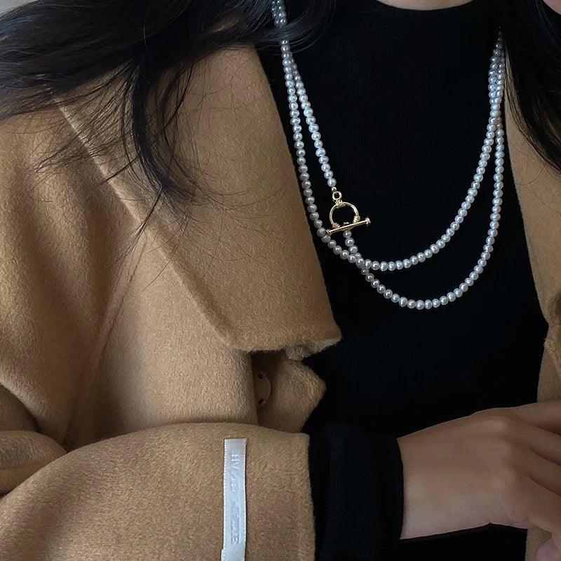 Women’s Necklace - White Natural Freshwater Round Pearl Necklace for Weddings, Brides, or as a Gift (Sweater Chain Style)