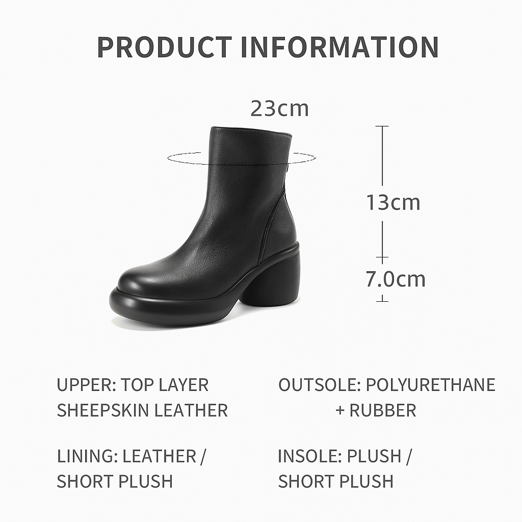 Black ankle boot with measurements and material details on a white background
