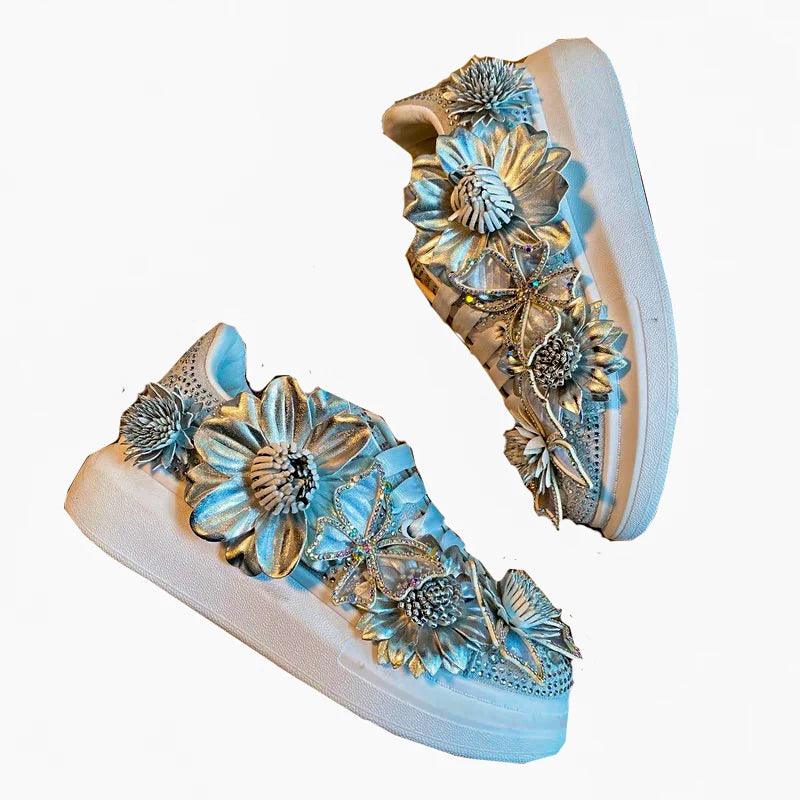 Women's Silver Butterfly Bow Crystal Sneakers – Stylish Platform Shoes with Diamond & Floral Accents