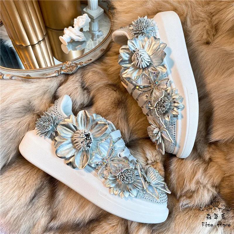 Women's Silver Butterfly Bow Crystal Sneakers – Stylish Platform Shoes with Diamond & Floral Accents 