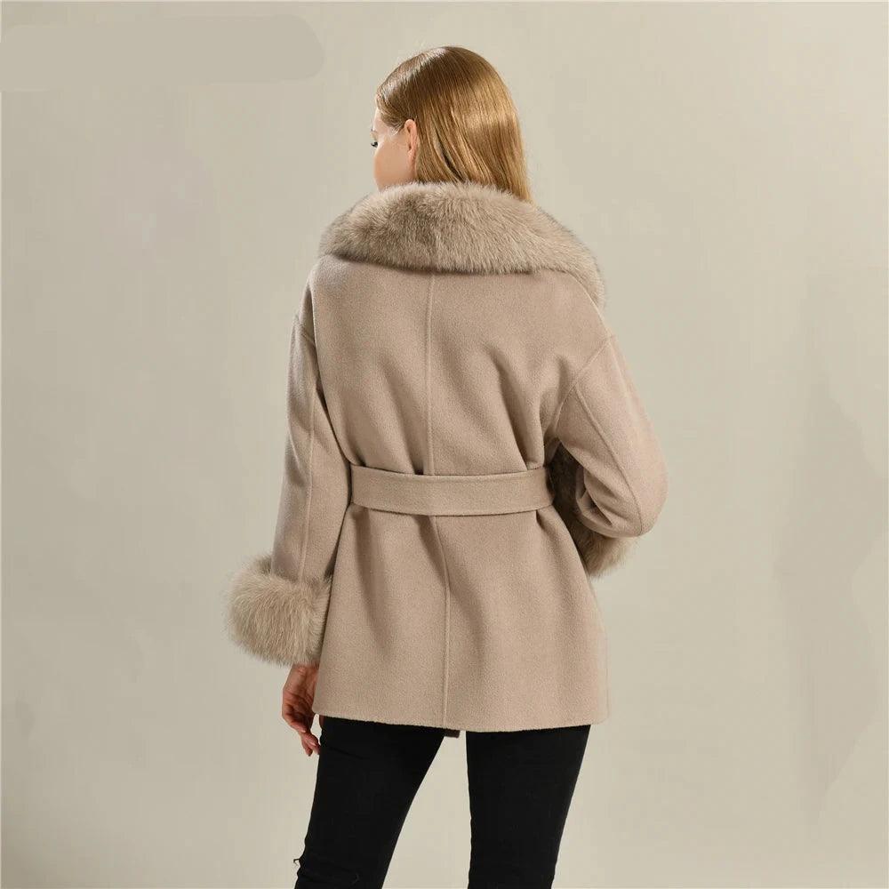 Women's Wool Coat with Real Fur - Elegant Medium-Length Cashmere Blend Coat for Autumn/Winter Fashion