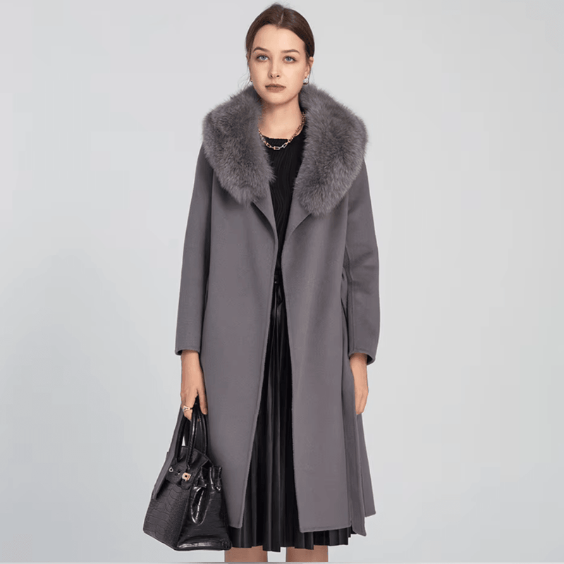 Woman Autumn Winter Thick Warm Wool Coat with Real Fox Fur Collar