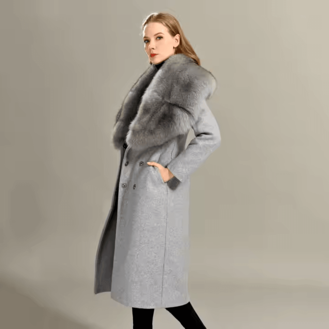 Elegant Cashmere Wool Coat for Women with Luxurious Large Fox Fur Collar – Top Quality, Trendy Style