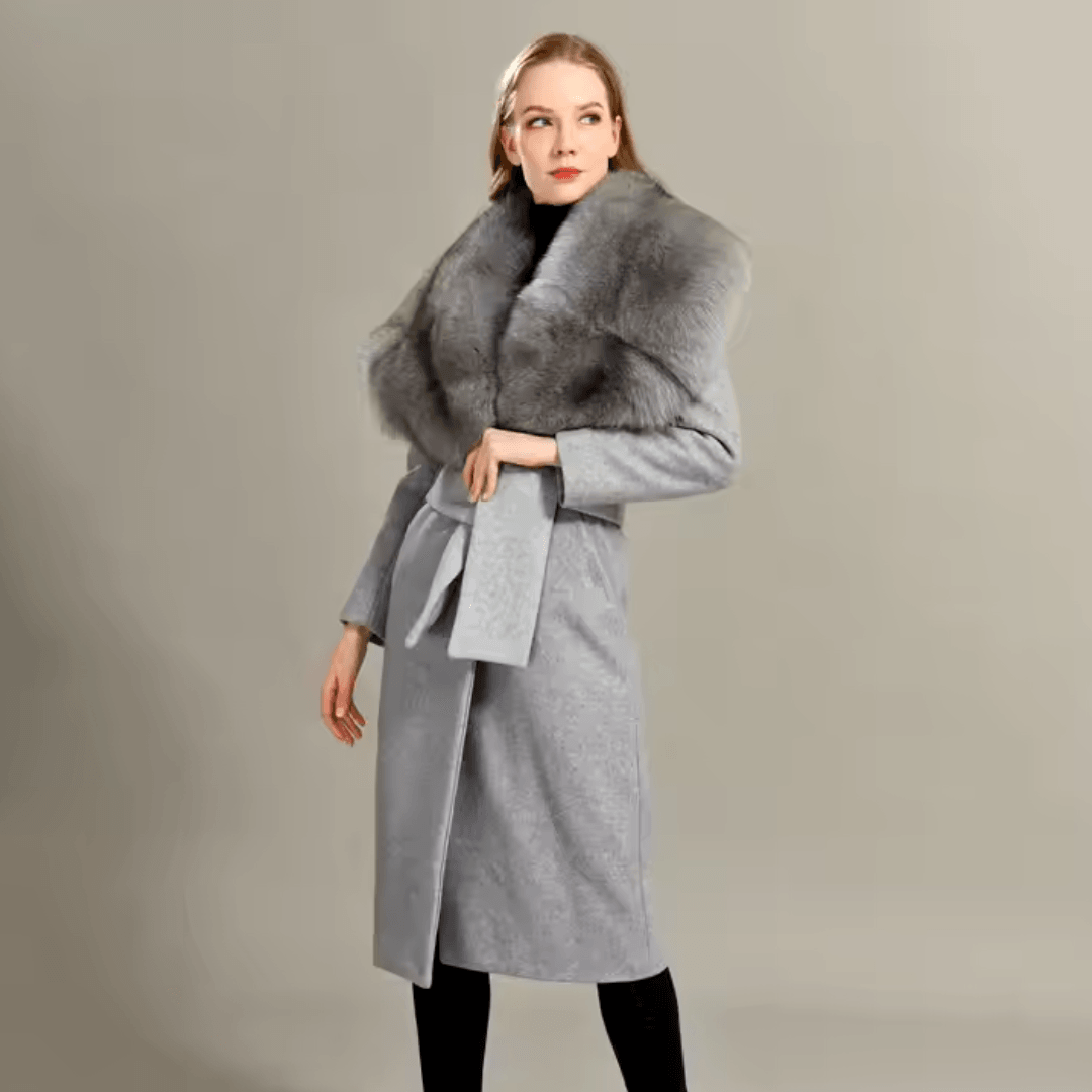 Elegant Cashmere Wool Coat for Women with Luxurious Large Fox Fur Collar – Top Quality, Trendy Style - HER SHOP