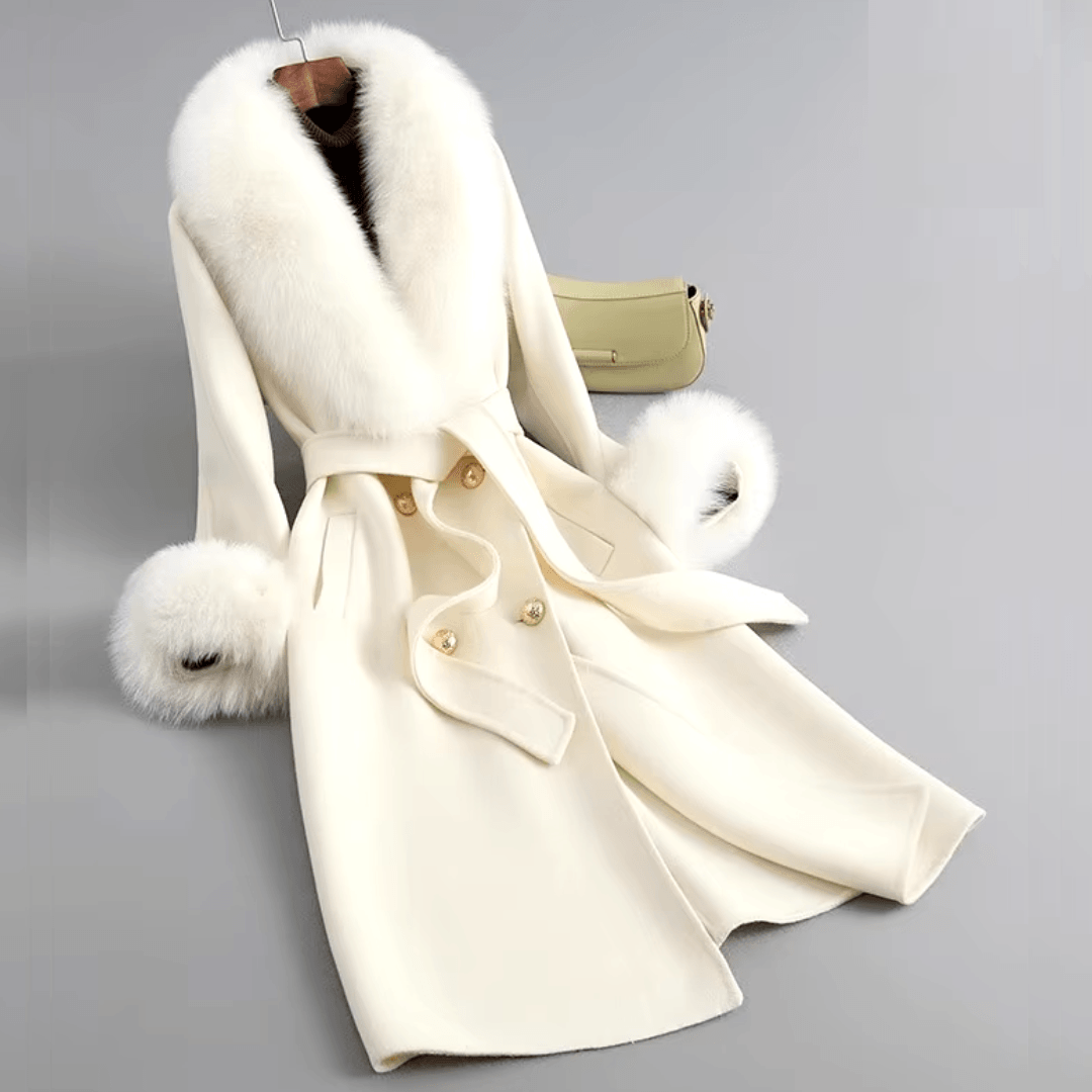 Woman Autumn Winter Thick Warm Wool Coat with Real Fox Fur Collar