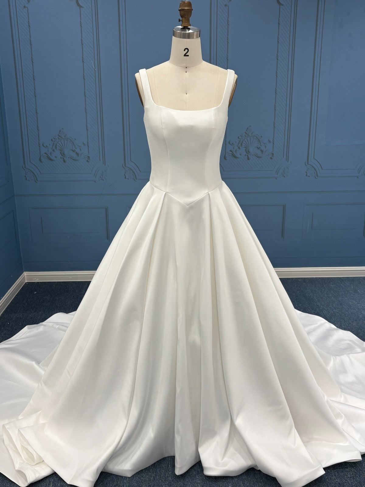 Custom Square-Neck A-Line Wedding Dress with Button Back and Court Train