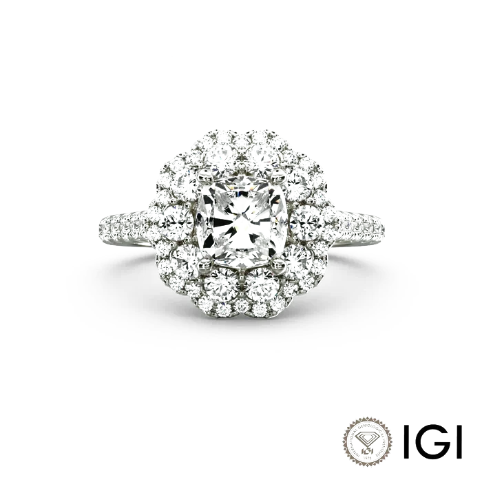 Luxury Cushion-Cut Diamond Engagement Ring | Custom K Gold Double Halo Lab-Grown Diamond with Half-Band Pavé Design