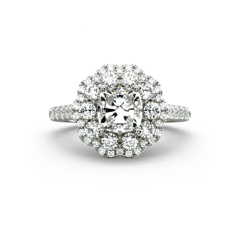 Luxury Cushion-Cut Diamond Engagement Ring | Custom K Gold Double Halo Lab-Grown Diamond with Half-Band Pavé Design