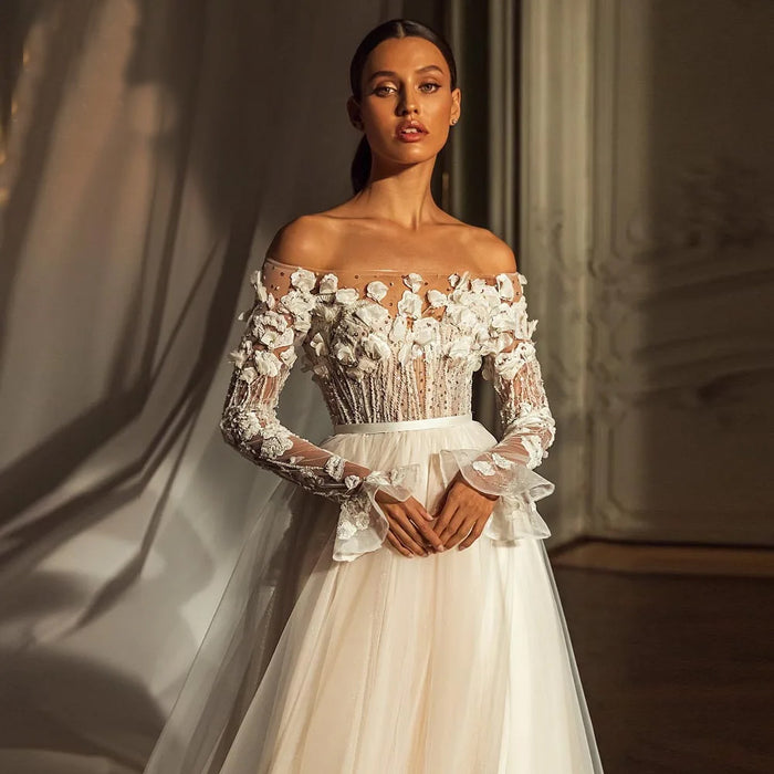 Romantic 3D Floral Wedding Dress - Beaded Boat Neck with Long Sleeves