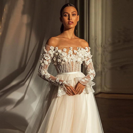 Custom Made Romantic 3D Floral Wedding Dress – Beaded Boat Neck with Long Sleeves - HER SHOP
