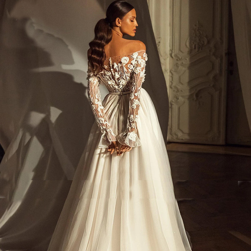 Romantic 3D Floral Wedding Dress - Beaded Boat Neck with Long Sleeves