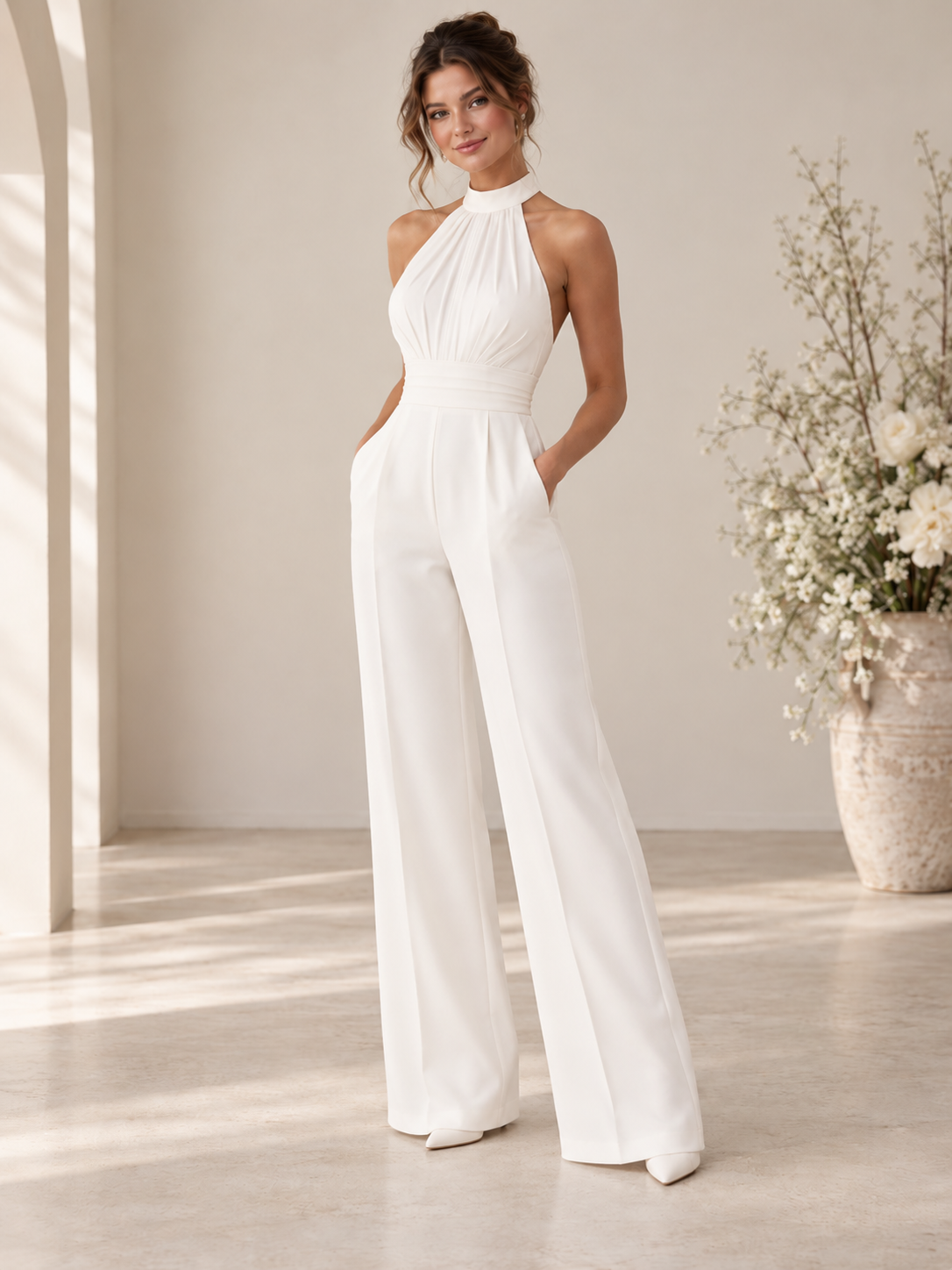 A woman modeling a white halter-neck wide-leg jumpsuit in a bright, minimalist indoor setting with soft sunlight and a vase of flowers in the background.