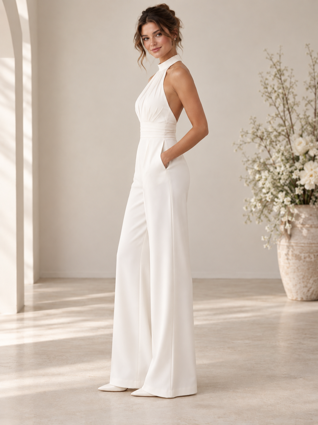 A woman modeling a sleeveless white wide-leg jumpsuit in a bright, minimalist indoor setting with soft sunlight and a large vase of white flowers in the background.
