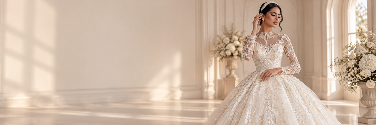 Bride wearing an elegant modest long sleeve lace wedding dress