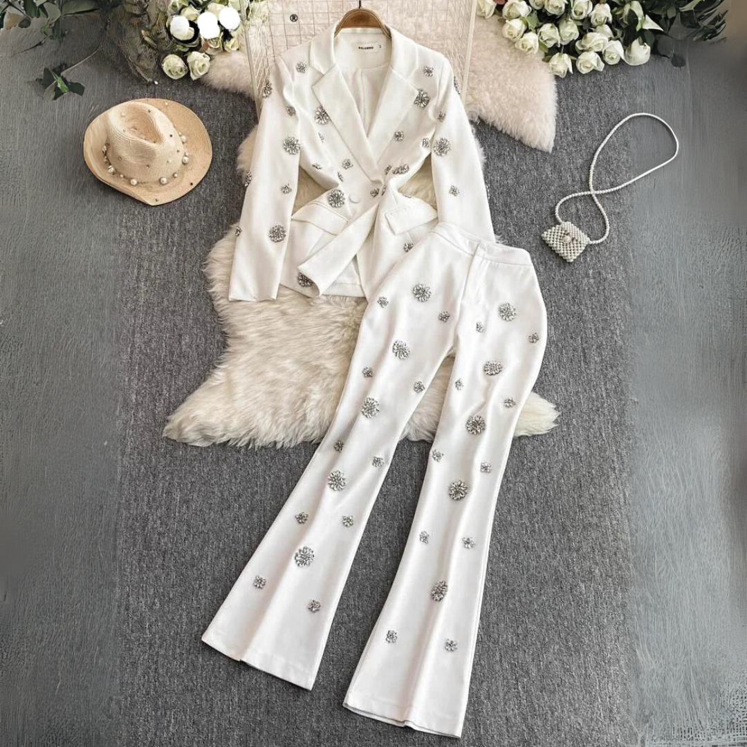 Commuter Style Two-piece Sets Women Outfits Diamond-encrusted Flower High Waist Versatile Blazer Coat+ High-waisted Trousers - HER SHOP