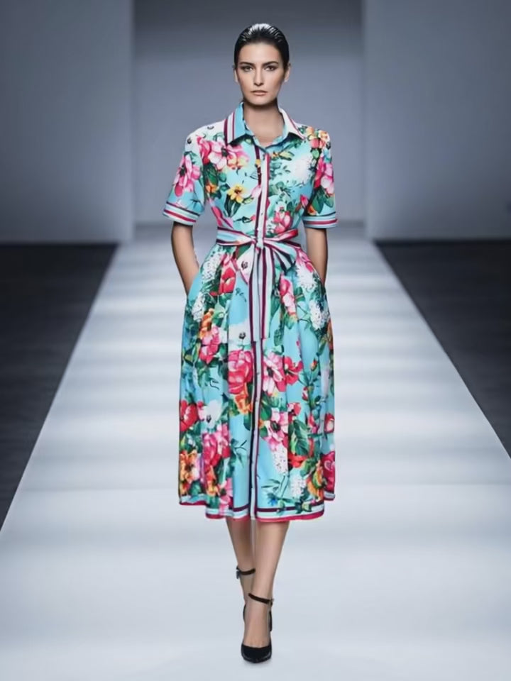 Women's Summer Floral Shirt Dress  -  2025 Runway-Inspired Midi with Lace-Up Waist | Casual Chic Short Sleeve Vestido - HER SHOP
