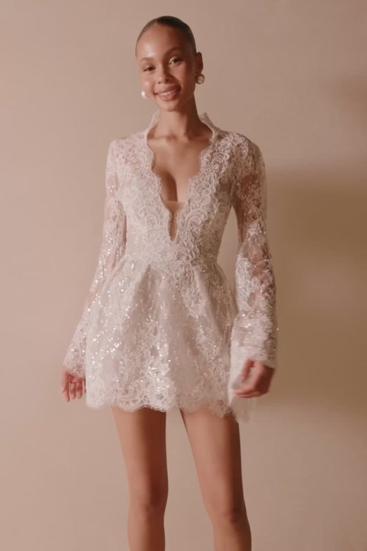 V-Neck Full Sleeve Lace Beaded Mini A-Line Wedding Dress - HER SHOP®
