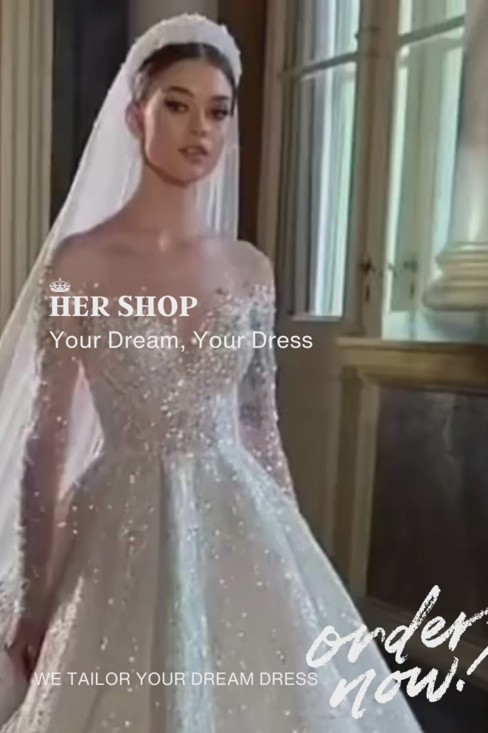Custom Made Royal French Princess Wedding Dress – Luxury Long Sleeves with Sparkling Beads - HER SHOP