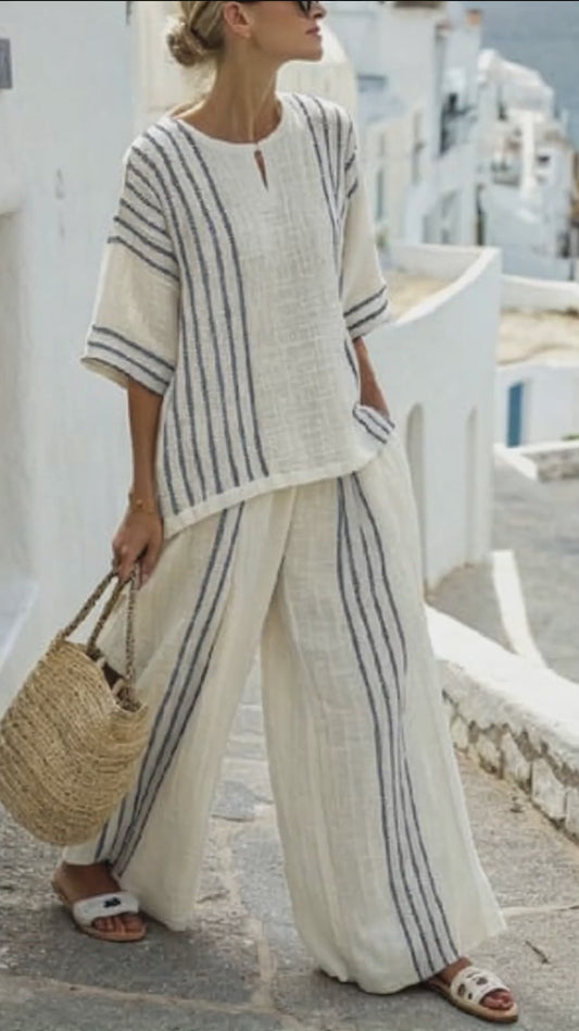 Women’s Cotton Linen Striped Two-Piece Set – Short Sleeve Pullover Top & High Waist Wide Leg Pants, Spring/Summer Outfit - HER SHOP