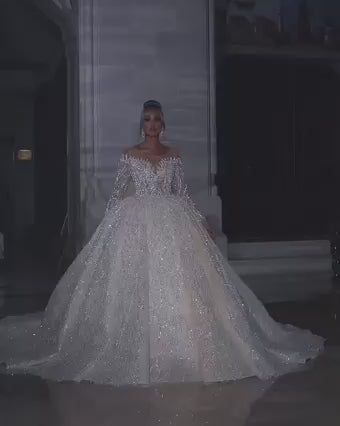 Luxury Strapless Princess Wedding Gown with Beaded Illusion Sleeves and Deep V-Neck - HER SHOP