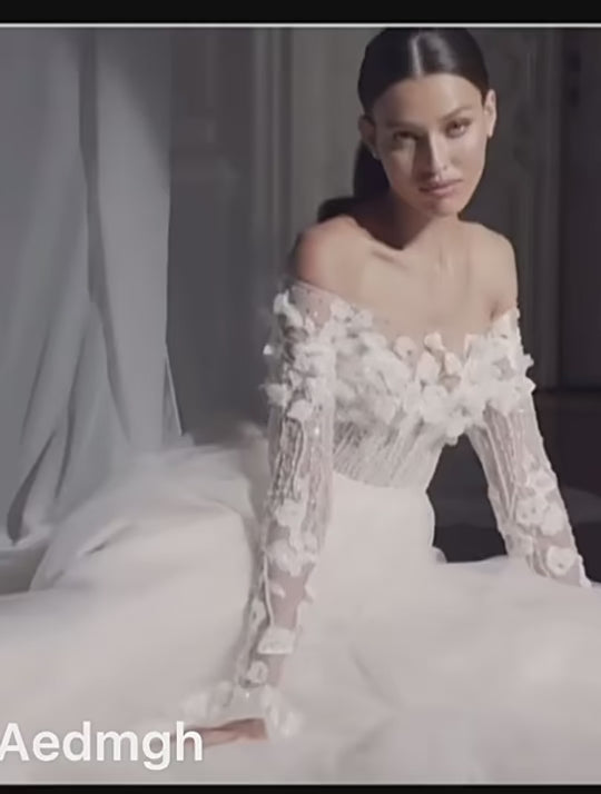 Custom Made Romantic 3D Floral Wedding Dress – Beaded Boat Neck with Long Sleeves - HER SHOP